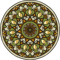 Drawing of a floral mandala in gold, brown and green colors on a white background. Hand drawn tribal  vector stock illustration