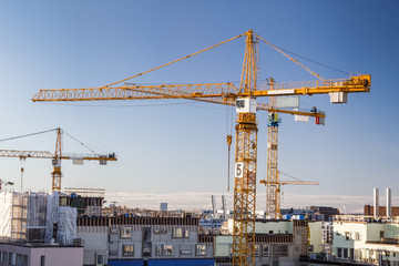Fototapeta na wymiar Construction site with tower cranes against clear sky.