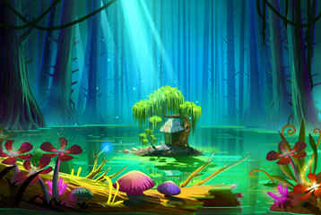 Naklejka premium Who Lives there in the Middle of the Lake inside the Deep Forest. Video Game's Digital CG Artwork, Concept Illustration, Realistic Cartoon Style Background 