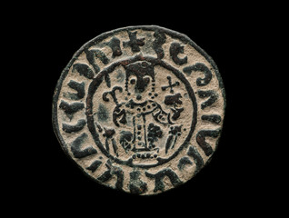 Ancient copper armenian coin with ruler portrait isolated on black