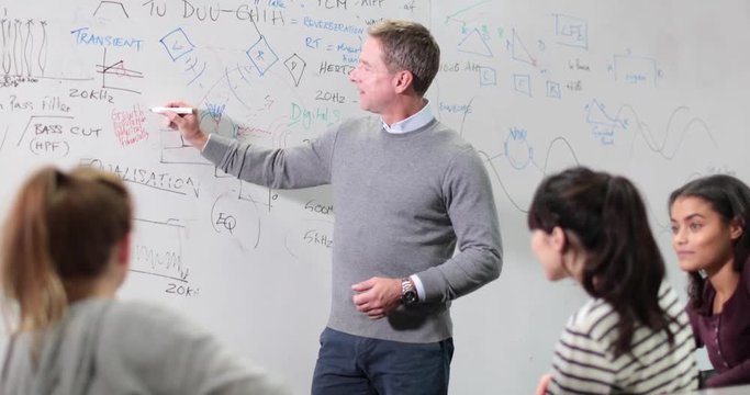 Professor teaching with whiteboard notes