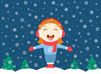 flat design vector illustration of cute little girl standing in the park on a winter evening and catching snowflakes, heavy snow. Winter card. Winter idea concept