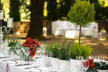White dinner table decorated with greenery and cherry-tomatoes s
