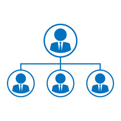 Icono plano organigrama horizontal azul en fondo blanco