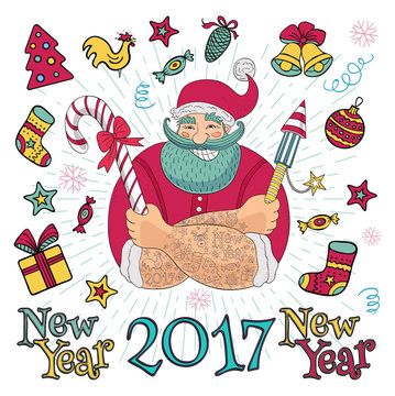 New Year in sketch style. Hipster tattooed Santa Claus. Christmas party, Funny cartoon, character, candy, firecracker, fireworks, chalk, blackboard. Hand drawn vector illustration