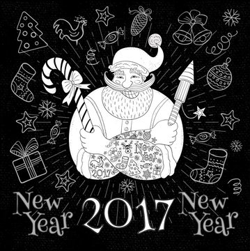 New Year in sketch style. Hipster tattooed Santa Claus. Christmas party, Funny cartoon, character, candy, firecracker, fireworks, chalk, blackboard. Hand drawn vector illustration