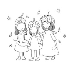 Three small forest fairies in the caps of the cones and leaves.