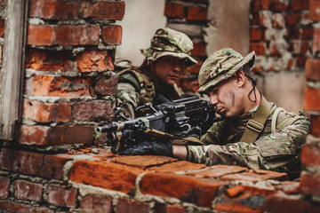 Army soldier during the military operation in the city. war, arm