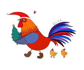 Cartoon rooster cute, little chickens and Christmas tree.