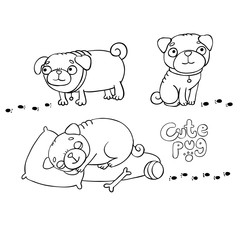 Set of little pugs. Cute animals.