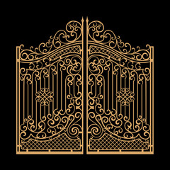 Decorated steel gates vector illustration. Golden on black background