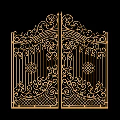Fotobehang Decorated steel gates vector illustration. Golden on black background © guliveris