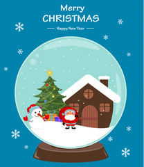 Fototapeta na wymiar Santa Claus, Christmas tree, snowman, presents and house, scene in snow globe. Merry Christmas and Happy New year. Vector illustration on blue background.