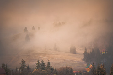 Foggy autumn landscape at mountain valley. Dramatic and picturesque morning scene. Vintage toning effect. Carpathians, Ukraine, Europe.