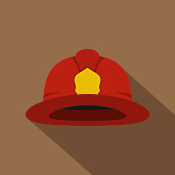 Red fireman helmet icon. Flat illustration of fireman helmet vector icon for web isolated on coffee background