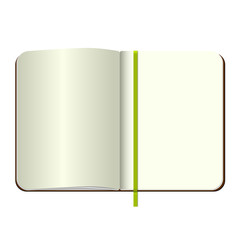 Template Open a blank notepad. Vector personal notebook with a green cover and bookmark. Isolated on white background. MockUp for your design.