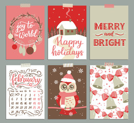 collection of Christmas poster templates. Christmas set of greeting cards. Bright colors, cute owl and hand written lettering for your invitation and design.
