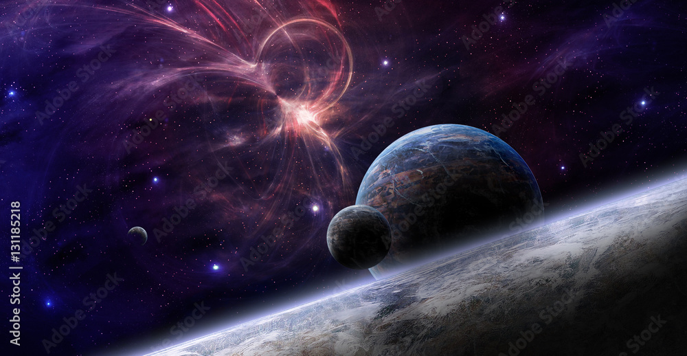 Poster space background. colorful fractal nebula with planet. elements furnished by nasa. 3d rendering