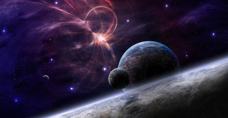 Space background. Colorful fractal nebula with planet. Elements furnished by NASA. 3D rendering