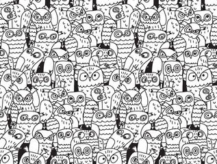 Owls birds group black and white seamless pattern.