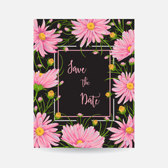  Save the date card with pink chamomile flowers. Rustic floral design for wedding invitations and birthday cards. Vintage vector illustration in watercolor style.