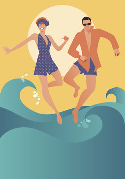 Funny couple wearing bath clothes dancing and jumping on the beach. Retro style.