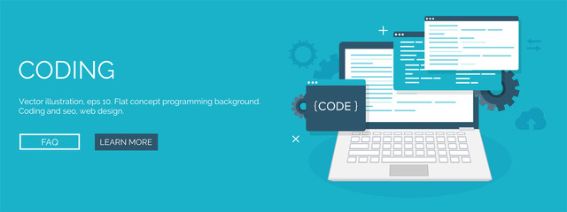 Vector illustration. Flat background. Coding, programming. SEO. Search engine optimization. App development, creation. Software, program code. Web design.