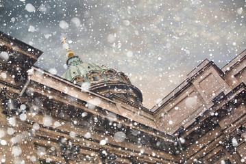 Winter evening in Saint Petersburg. Kazan cathedral in snowstorm, St Petersburg, Russia 