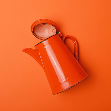 Retro Orange Tea Pot On Orange Background  - Minimalism