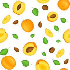 Seamless vector pattern of bright apricot fruit. White background with delicious apricots, whole, slice, half, leaves. Illustration can be used for printing on fabric, textile in design packaging