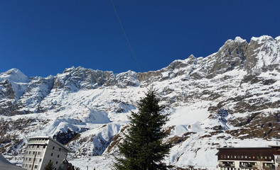 Views across the Zermatt Glacier and ski resort and high Switzerland alpine peaks