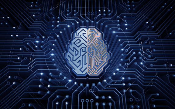 Cybernetic Brain. An electronic chip in form of a human brain in center of the circuit board of digital cyberspace. 3D-rendering graphic illustration on the theme of Artificial Intelligence.