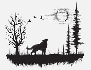 Naklejka premium Wolf howling at the moon