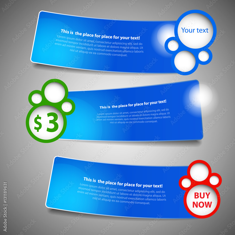 Poster set of three colorful bright horizontal paper cut out headers or banners with abstract creative desi