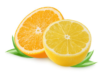 Half orange and lemon fruit isolated on white background, clipping path