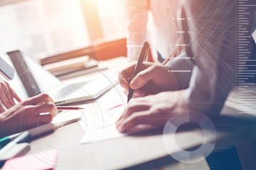 Business planning. Marketing strategy brainstorming. Paperwork and digital in open space. Statistic graph overlay, icon innovation interface