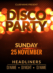 Vector night party poster template with shining golden lights background. Disco club flyer event design invitation.
