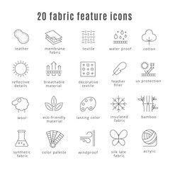 Fabric feature line icons. Comfort wear and lightweight, synthetic clothes wool waterproof clothing signs