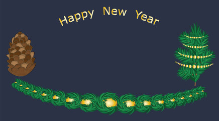 banner Happy New Year garland of fir branches pine cone vector dark blue background