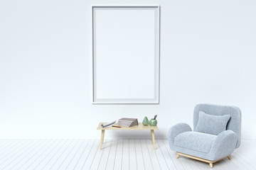 Within the have picture frame and fabric sofa on a white background wall,3D rendering