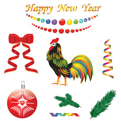 set of colorful decorations festive New Year symbol Rooster Serpentine beads red bow ball spruce branch isolated on white background vector element for design