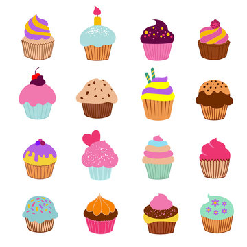 Cupcakes illustration vector. Vanilla chocolate and cherry muffin set