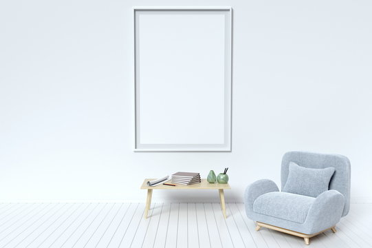 Within the have picture frame and fabric sofa on a white background wall,3D rendering