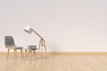 Book on A chair with wooden wall and lamp,3D rendering