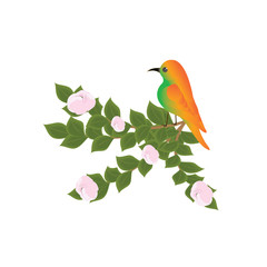 Naklejka premium Jasny żółty ptak siedzący na kwitnącej gałęzi drzewa ilustracja kreatywnych nowoczesnych wektorów, odizolowane na białym tle elementów projektu