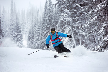 Fototapeta na wymiar Skier moving fast forest off-piste