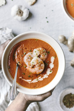 Curry Tomato Soup with Cumin Roasted Shrimp