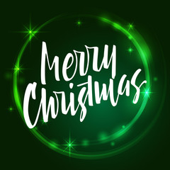 Merry Christmas lettering.  Modern hand lettering on a green bac