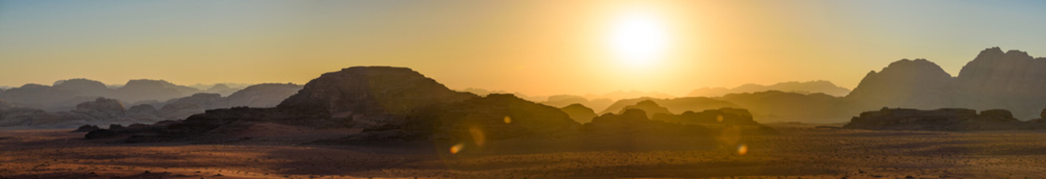 Panorama of Wadi Rum at sunset