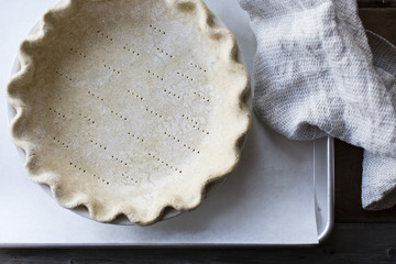 Pastry for pie on baking dish